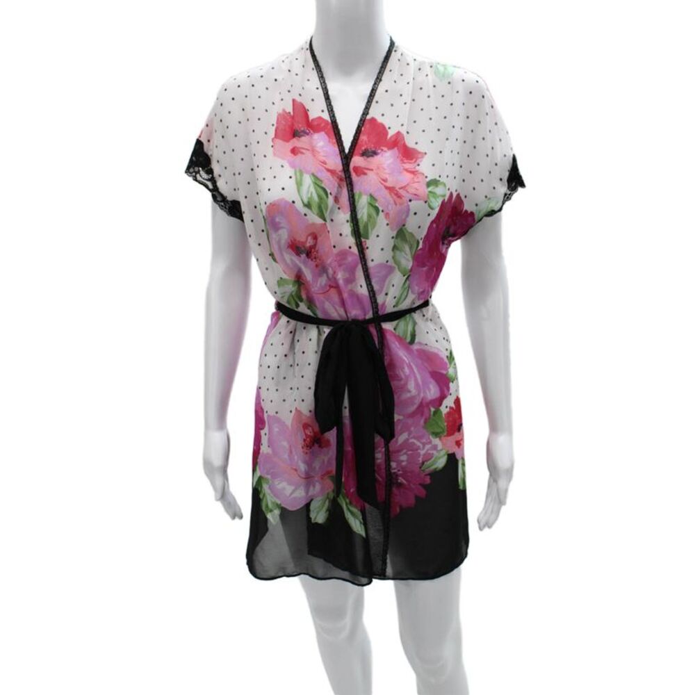In Bloom by Jonquil Womens Lace Trim Polka Dot Floral Top White Pink Small